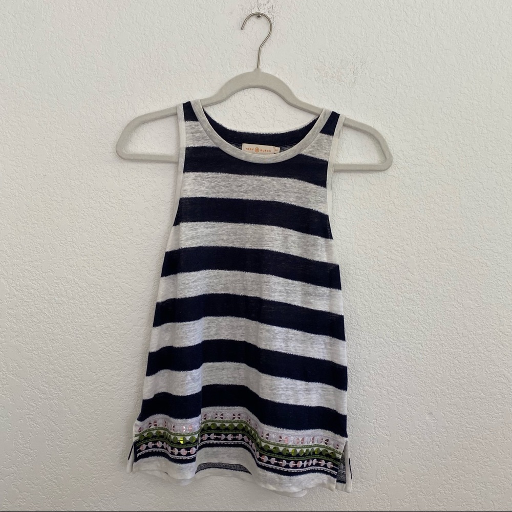 TORY BURCH Women’s Small White & Blue Striped Tank Top